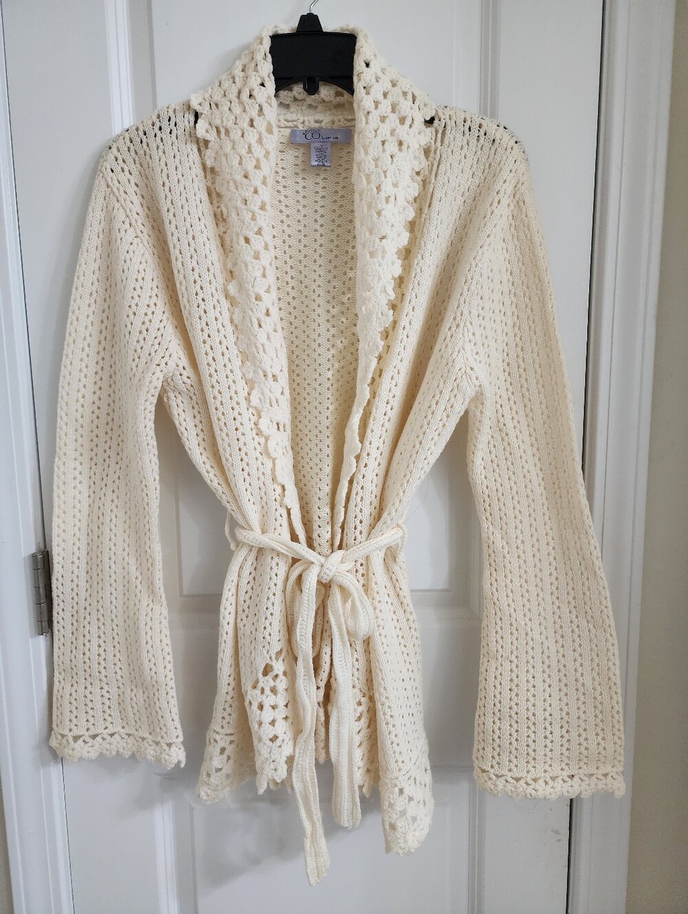 Vintage-Inspired Cream Crochet Knit Robe Cardigan